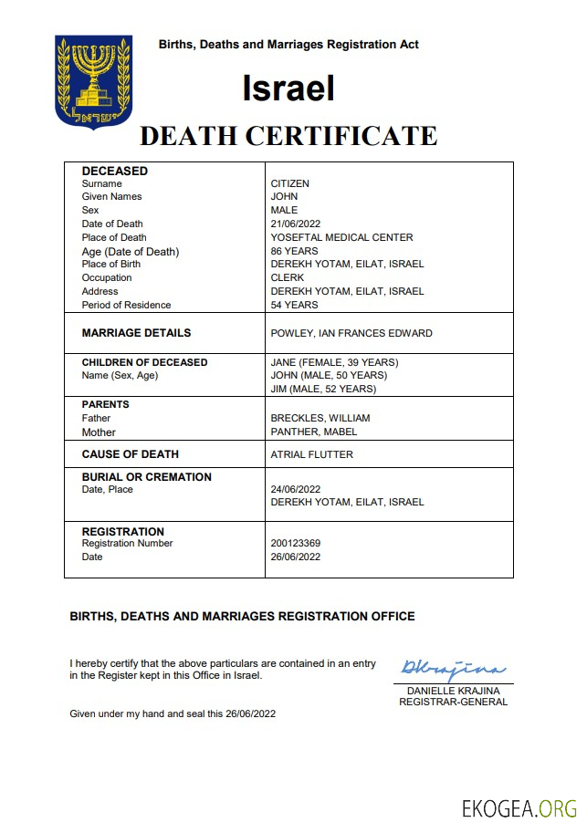 Modèle Word et PDF de certificat de décès en Israël